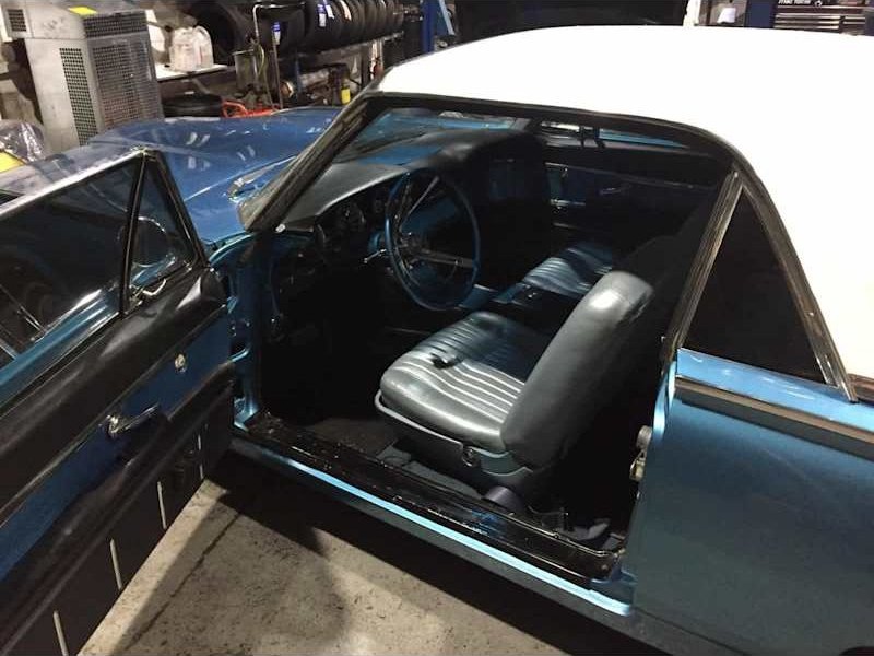 Interior of a classic car in the workshop